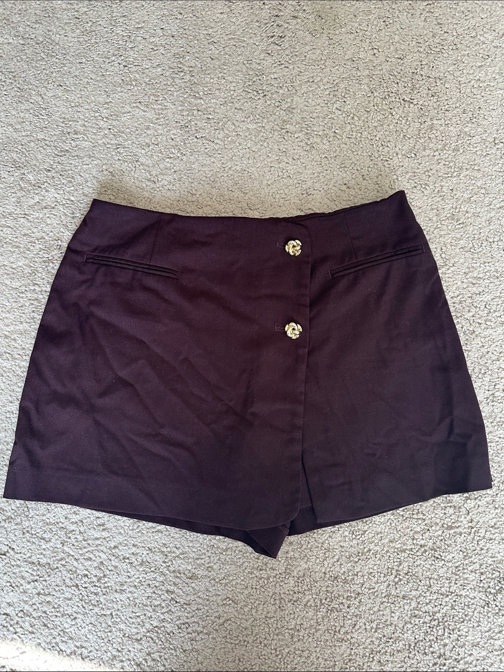 Zara Deep Plum Skort with Decorative Gold Buttons & Zipper- Size Medium